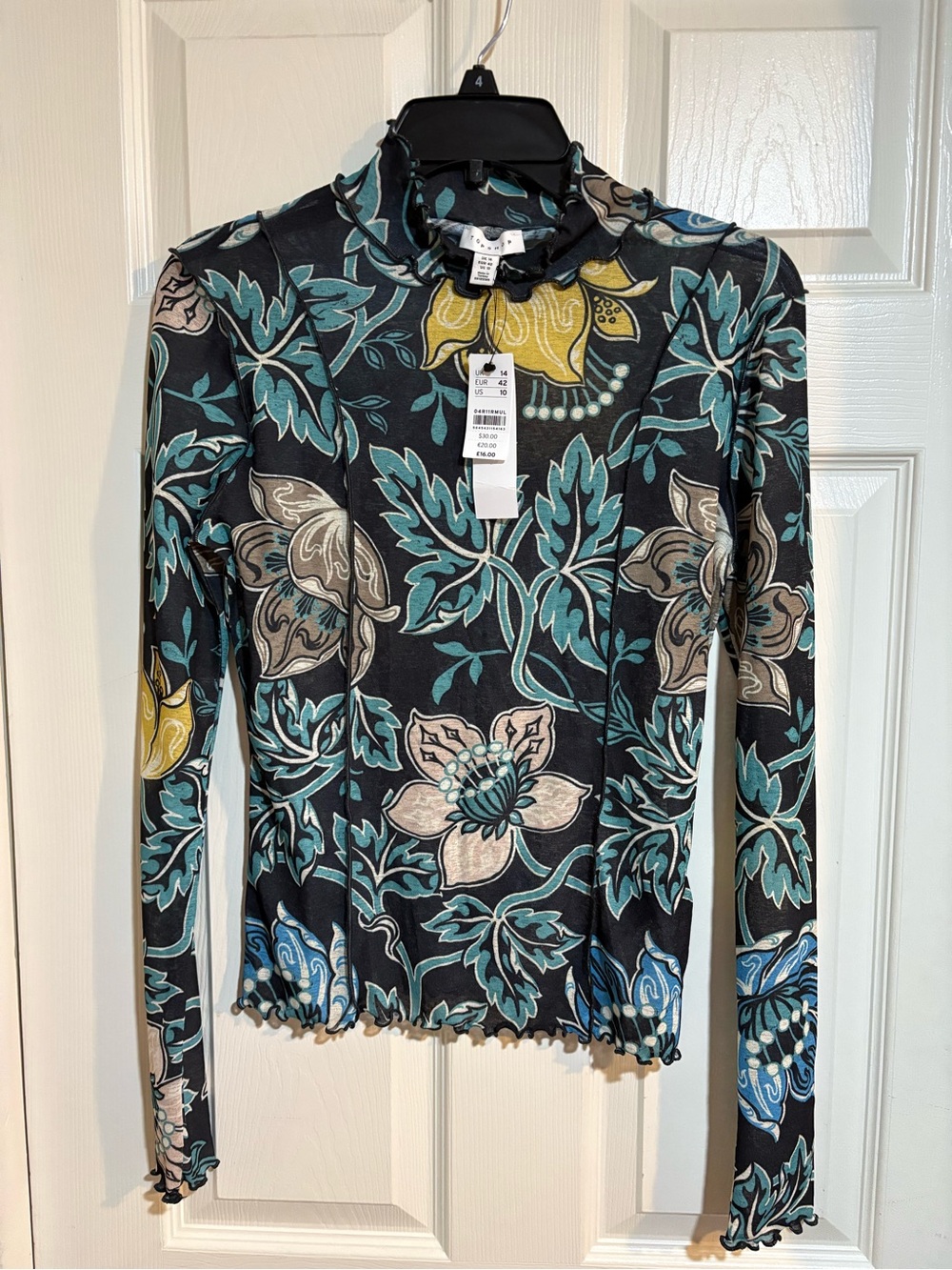 Topshop Black Floral Mock Neck Long Sleeve Top with Teal, Yellow, Cream